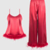 Scarlett Satin Sleep Cami & Long Pant With Feather Trim